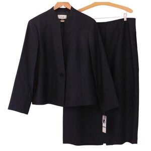 Le Suit Womens Navy Blue Silver Metallic Long Sleeve 2-Piece Skirt Suit Size 18